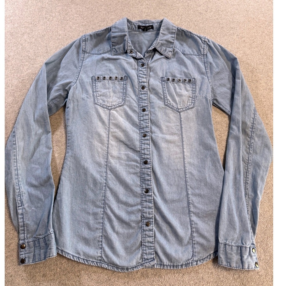 New Look Denim Button Down Shirt Womens Small Light Blue Grommet Detail